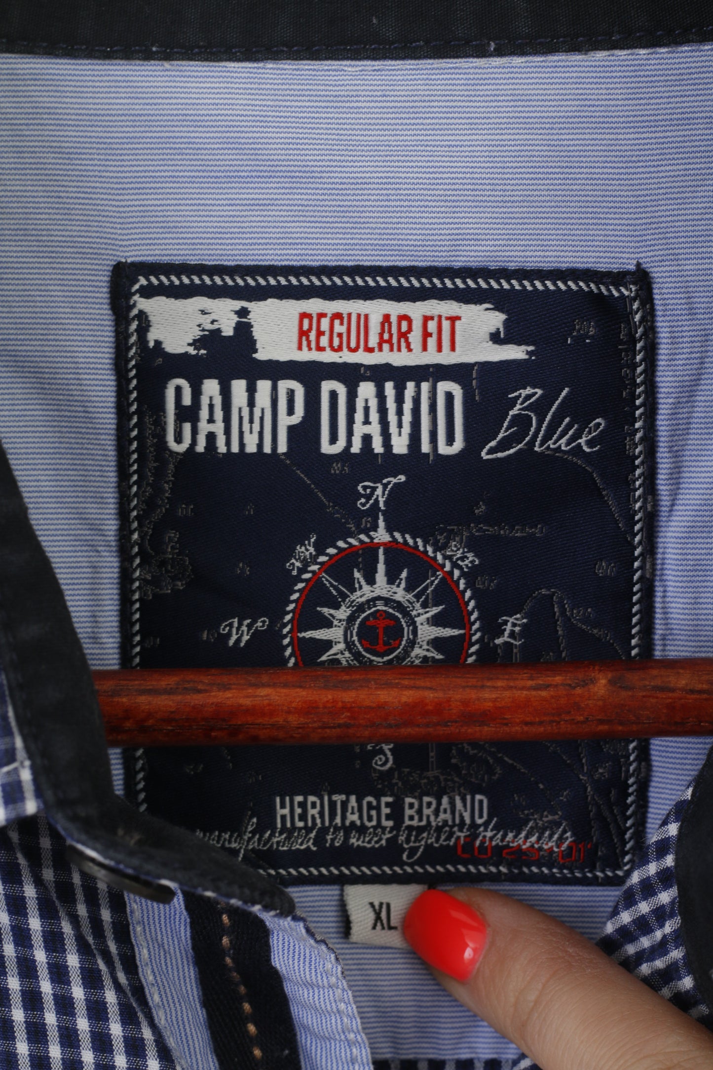 Camp David Men XL Casual Shirt Blue Check Cotton Regular Fit Long Sleeve Top