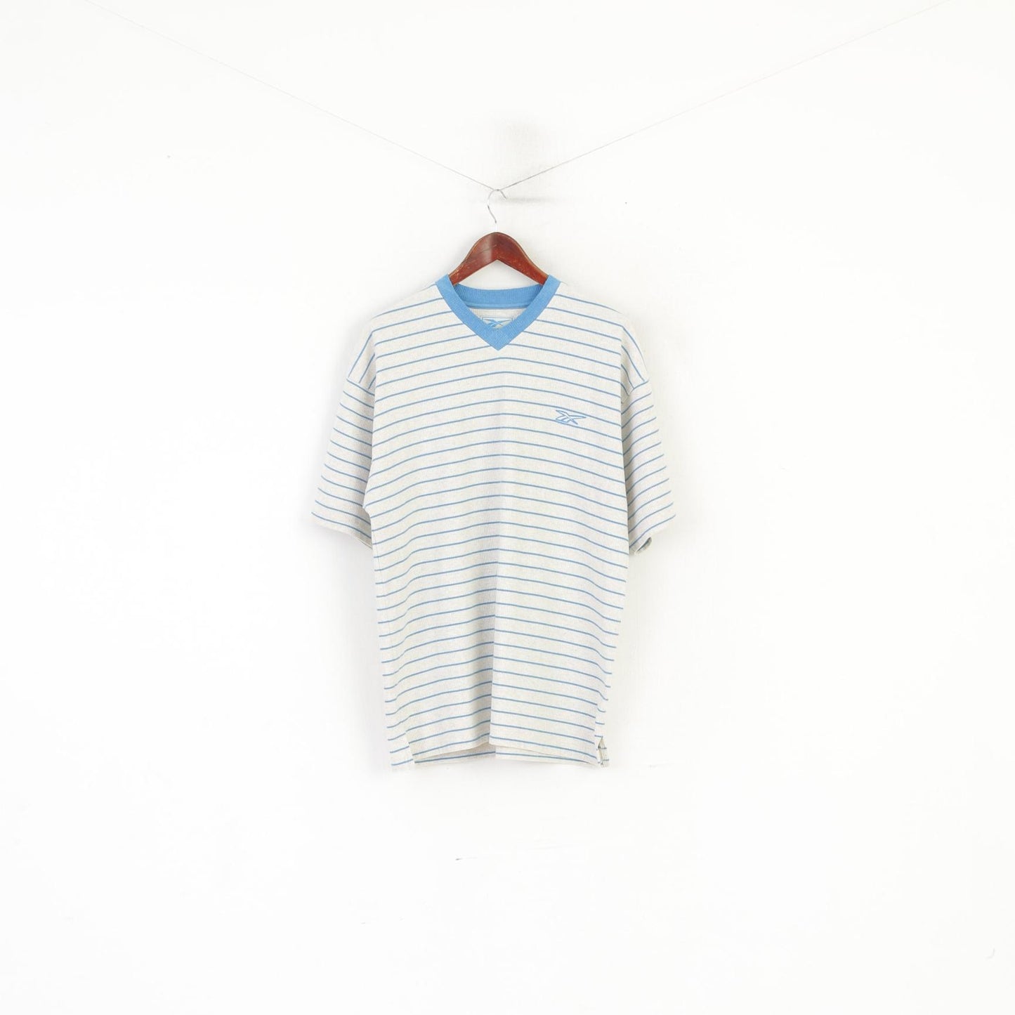 Reebok Men M Shirt Beige Blue Striped Vintage Cotton Oversize Oldschool Top