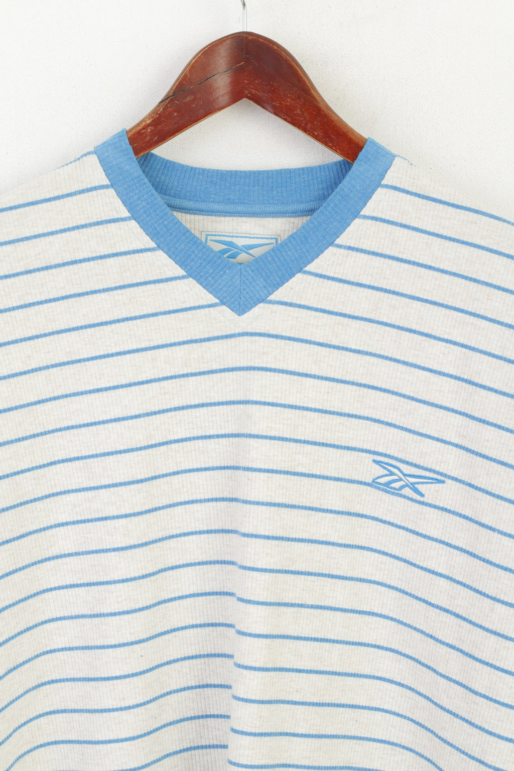 Reebok Men M Shirt Beige Blue Striped Vintage Cotton Oversize Oldschool Top