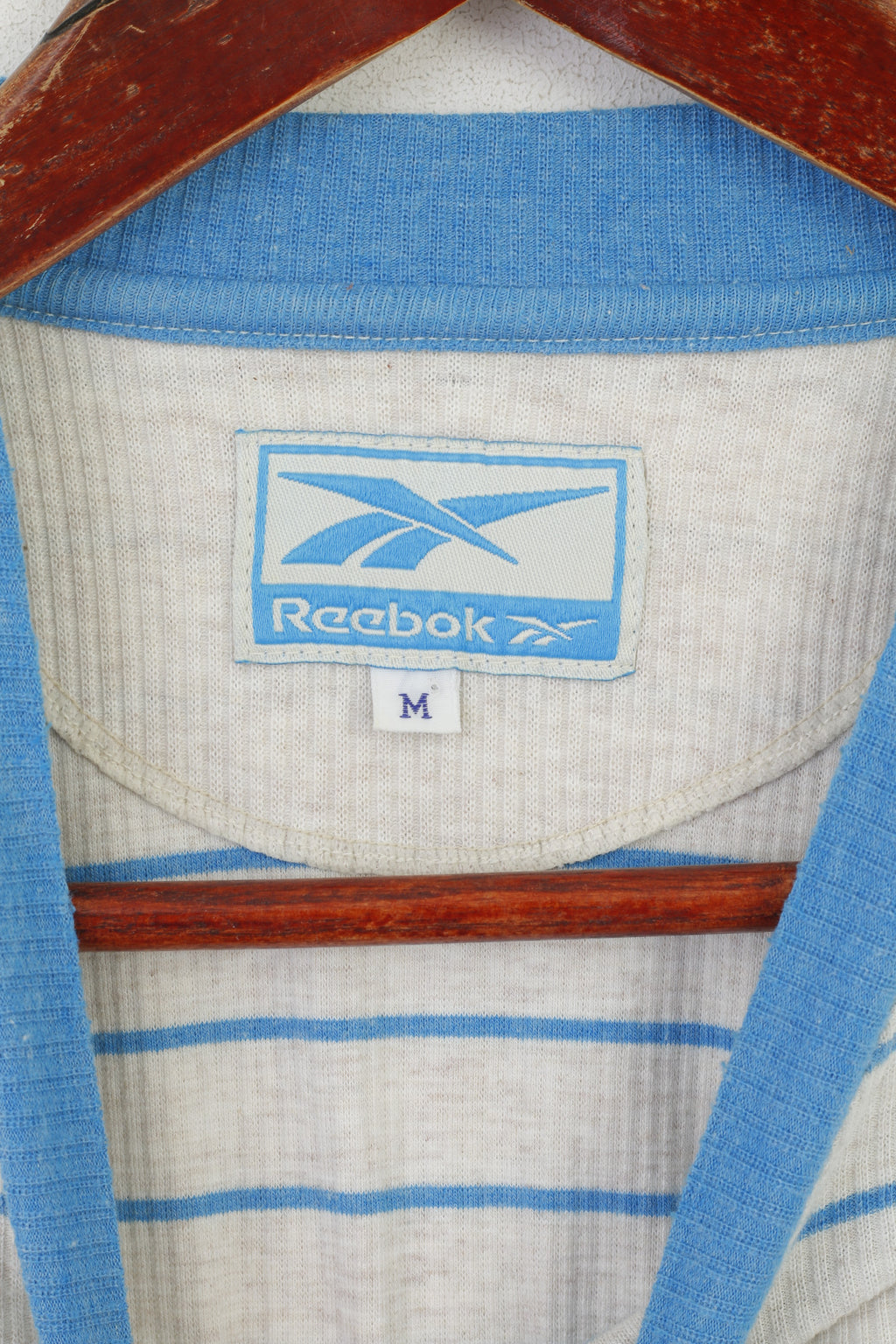 Reebok Men M Shirt Beige Blue Striped Vintage Cotton Oversize Oldschool Top