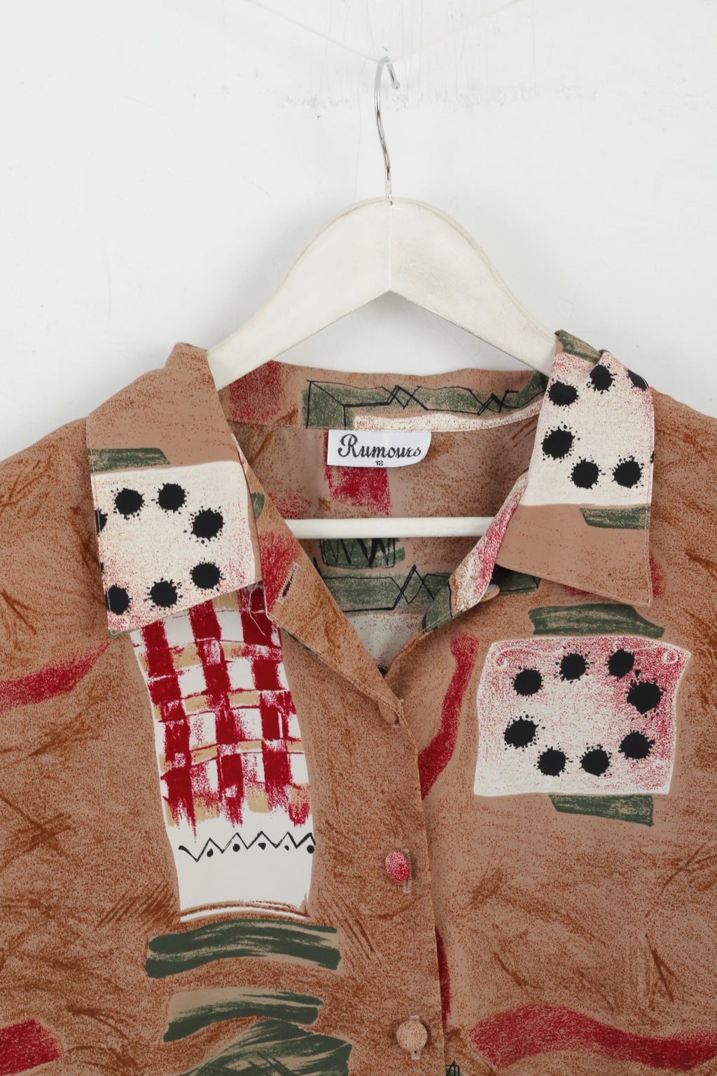 Rumours Women 18 XL Casual Shirt Brown Abstract Retro Shoulder Pads Top