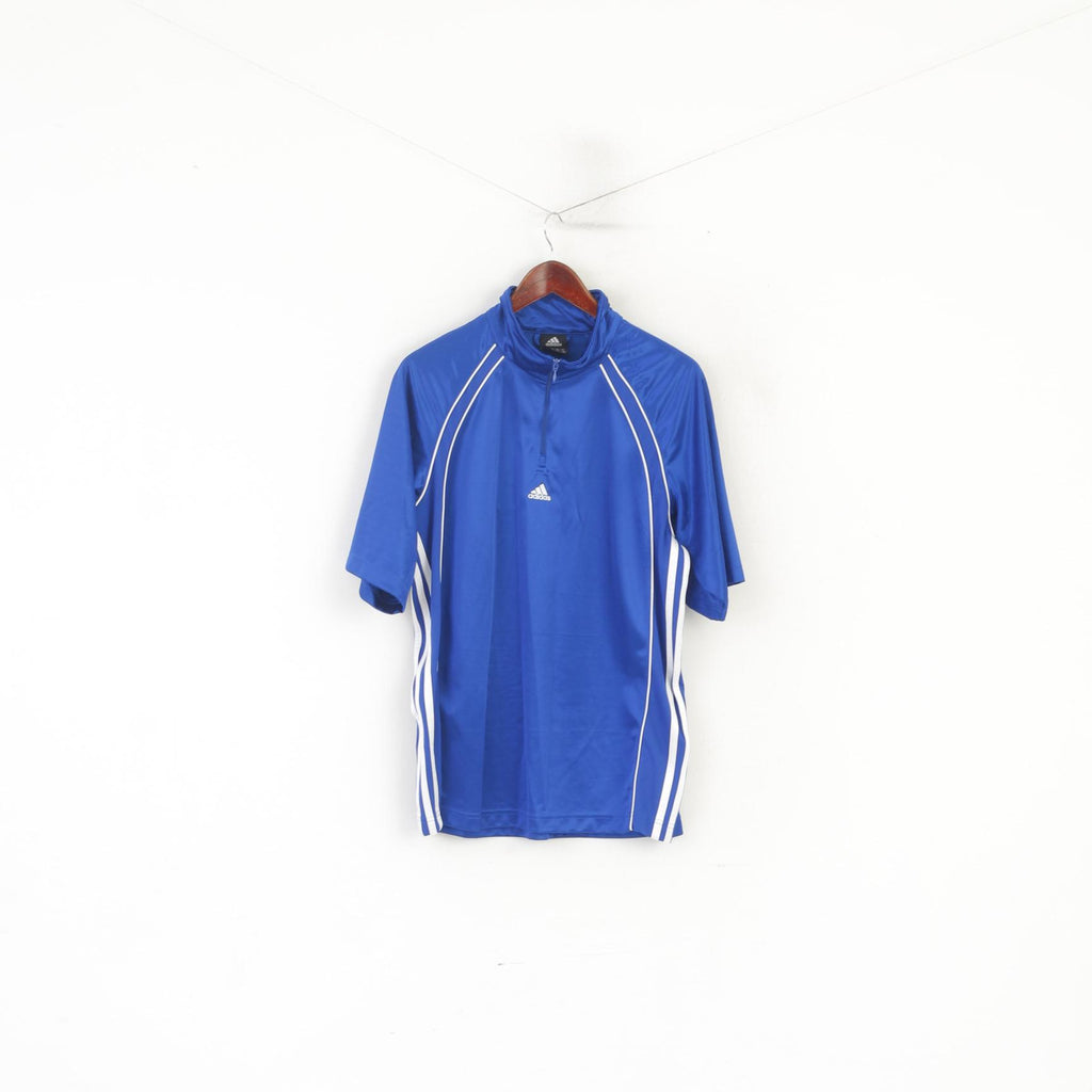 Maglietta Adidas da uomo M blu lucido vintage sportivo con zip e collo in maglia sportiva