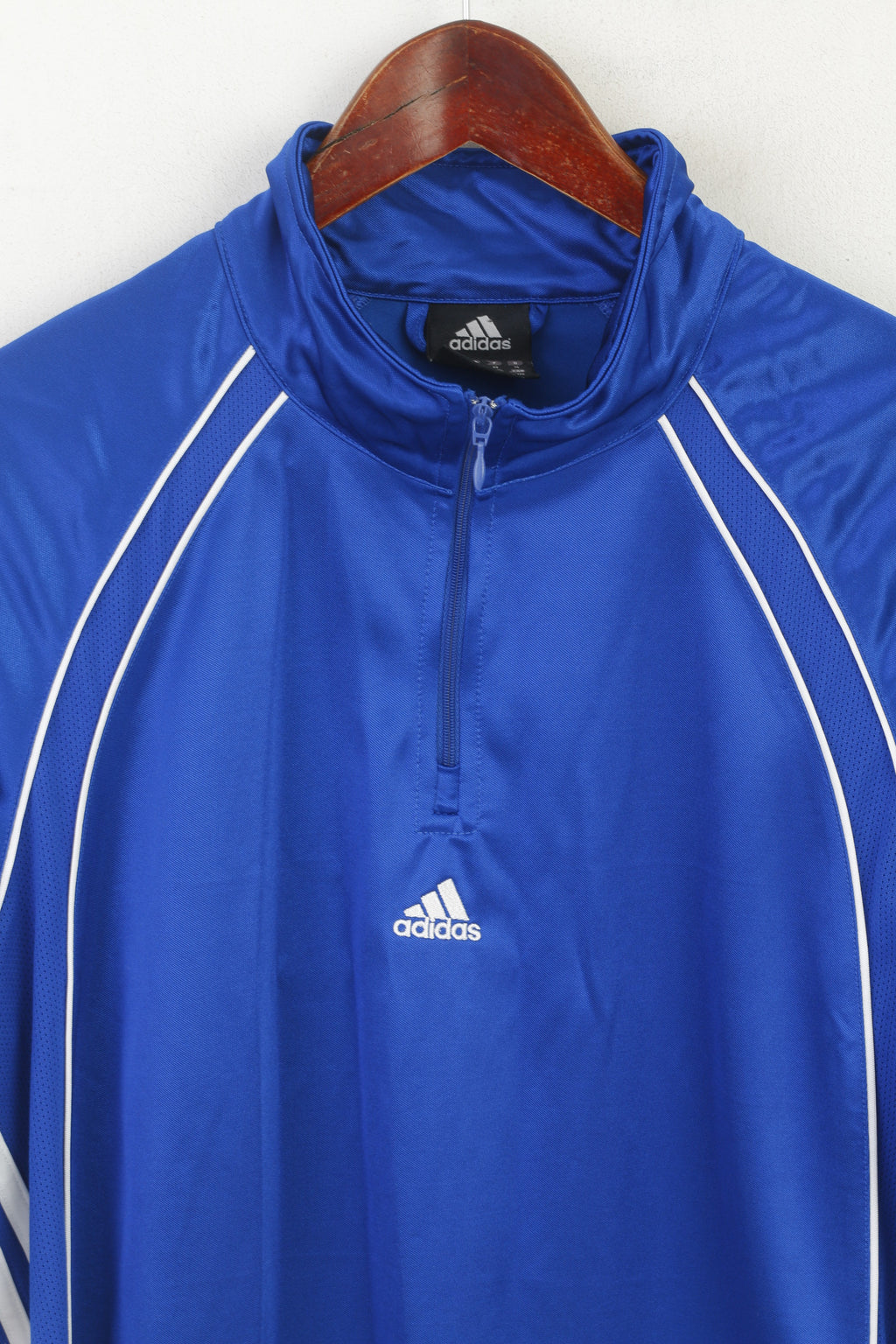 Maglietta Adidas da uomo M blu lucido vintage sportivo con zip e collo in maglia sportiva