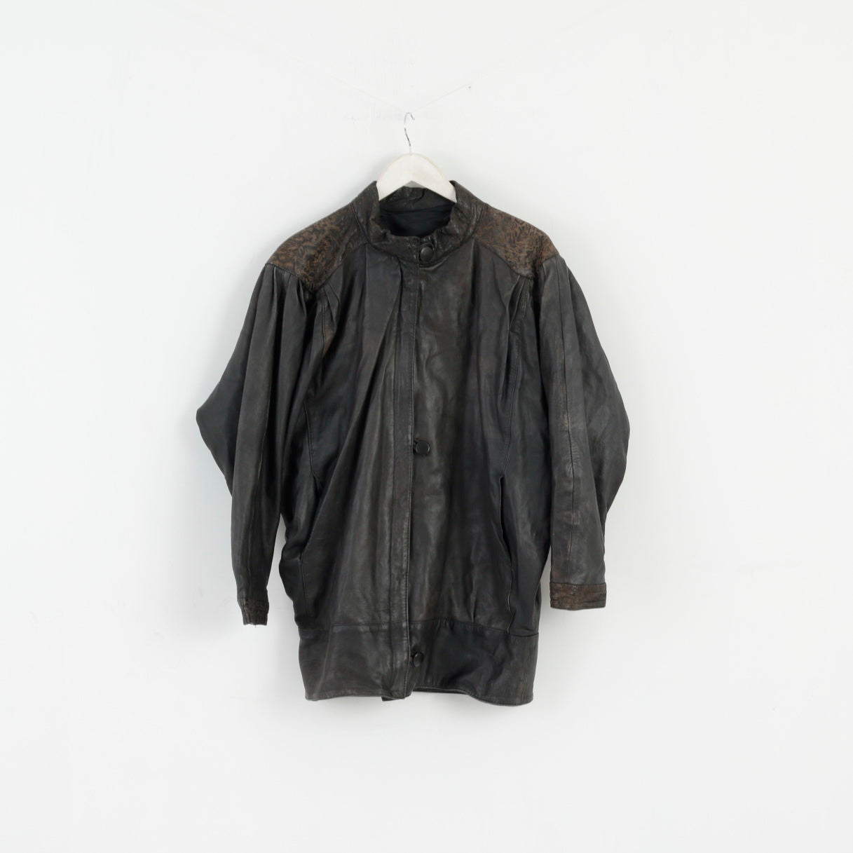 Vintage femmes L veste en cuir marron Bomber chauve-souris pleine fermeture éclair haut rétro