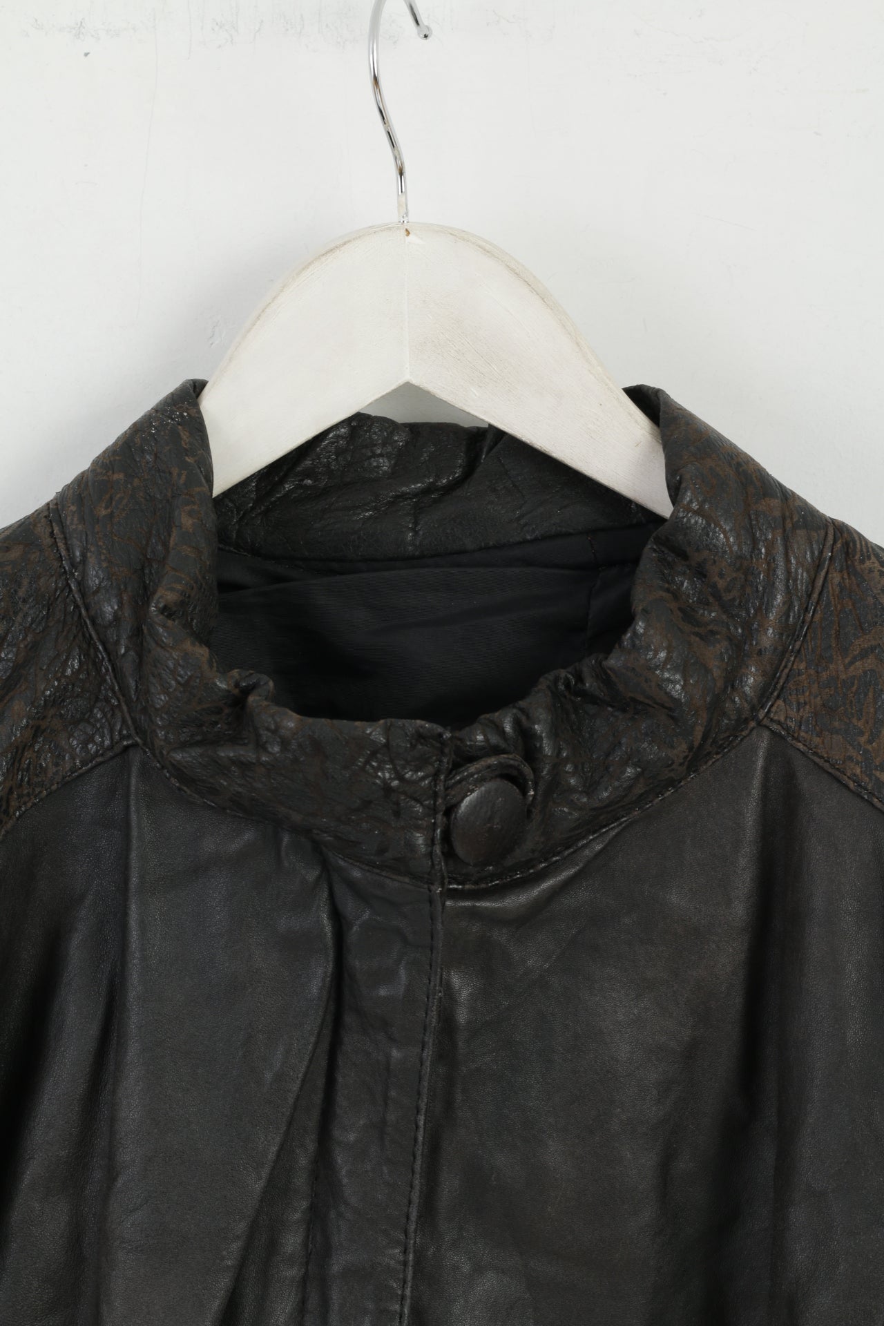 Vintage Women L Jacket Brown Leather Bomber Bat Full Zipper Retro Top