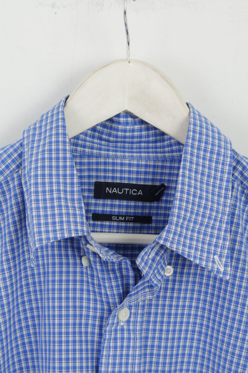 Nautica Men L Casual Shirt Blue Check Cotton Slim Fit Long Sleeve Top