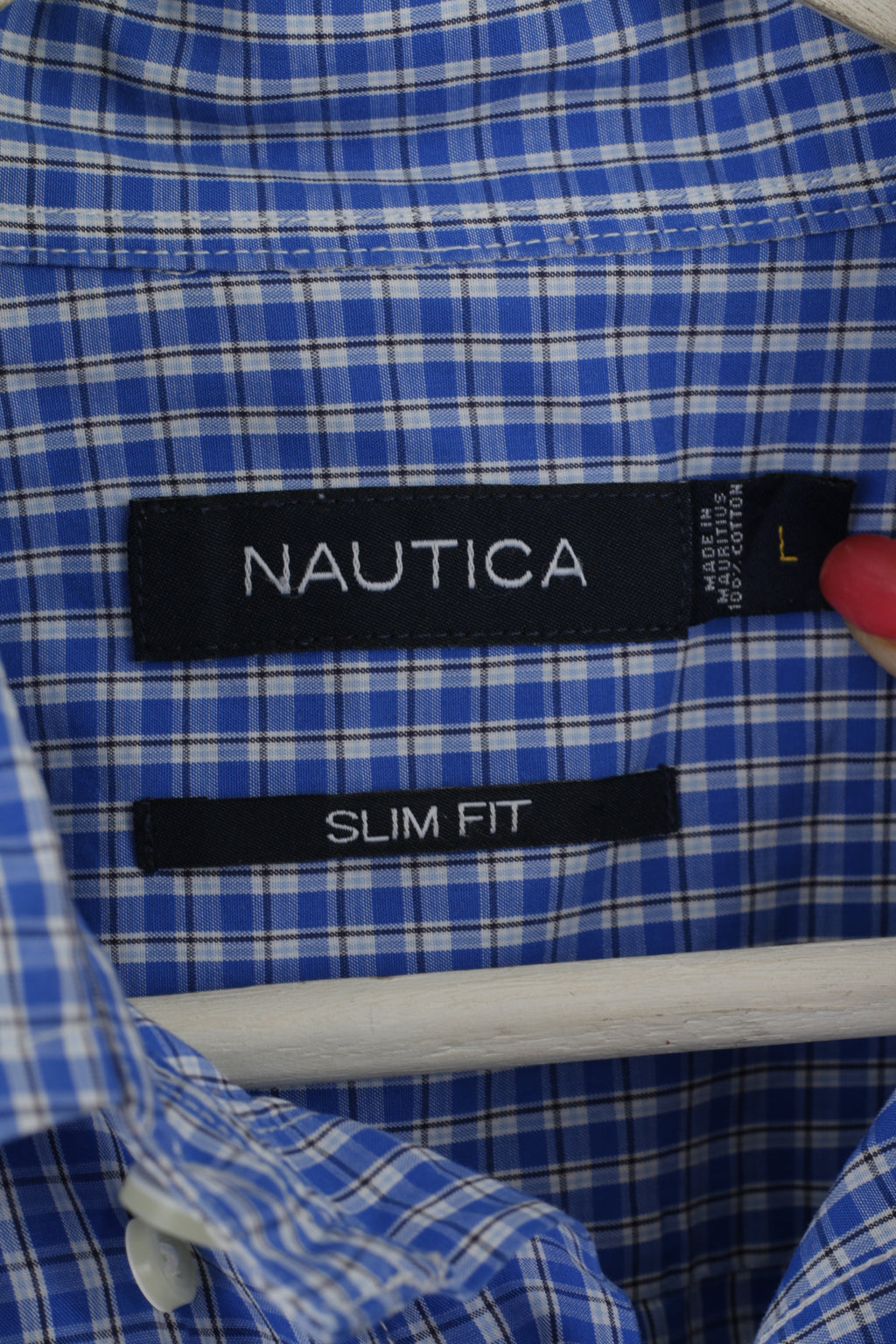 Nautica Men L Casual Shirt Blue Check Cotton Slim Fit Long Sleeve Top