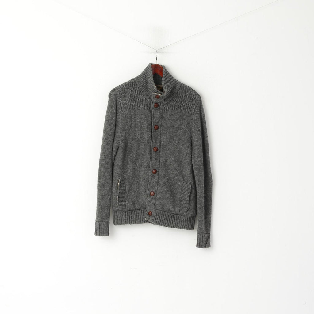 Harris Tweed par William Hunt Hommes L (M) Cardigan Gris Laine Coude Patch Pull En Tricot