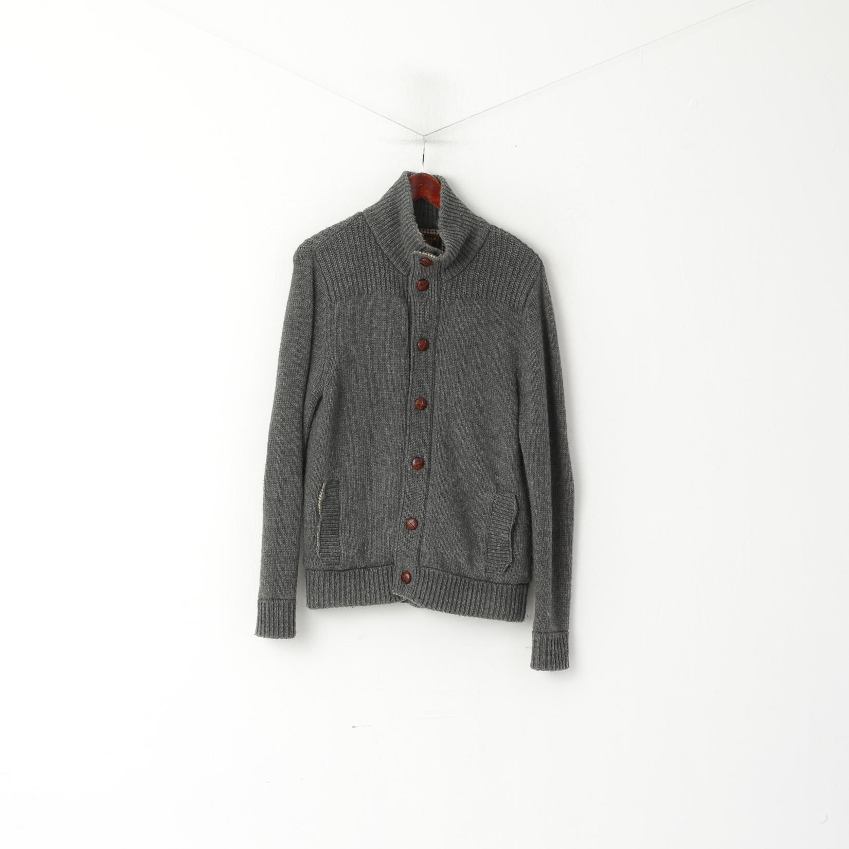 Harris Tweed par William Hunt Hommes L (M) Cardigan Gris Laine Coude Patch Pull En Tricot
