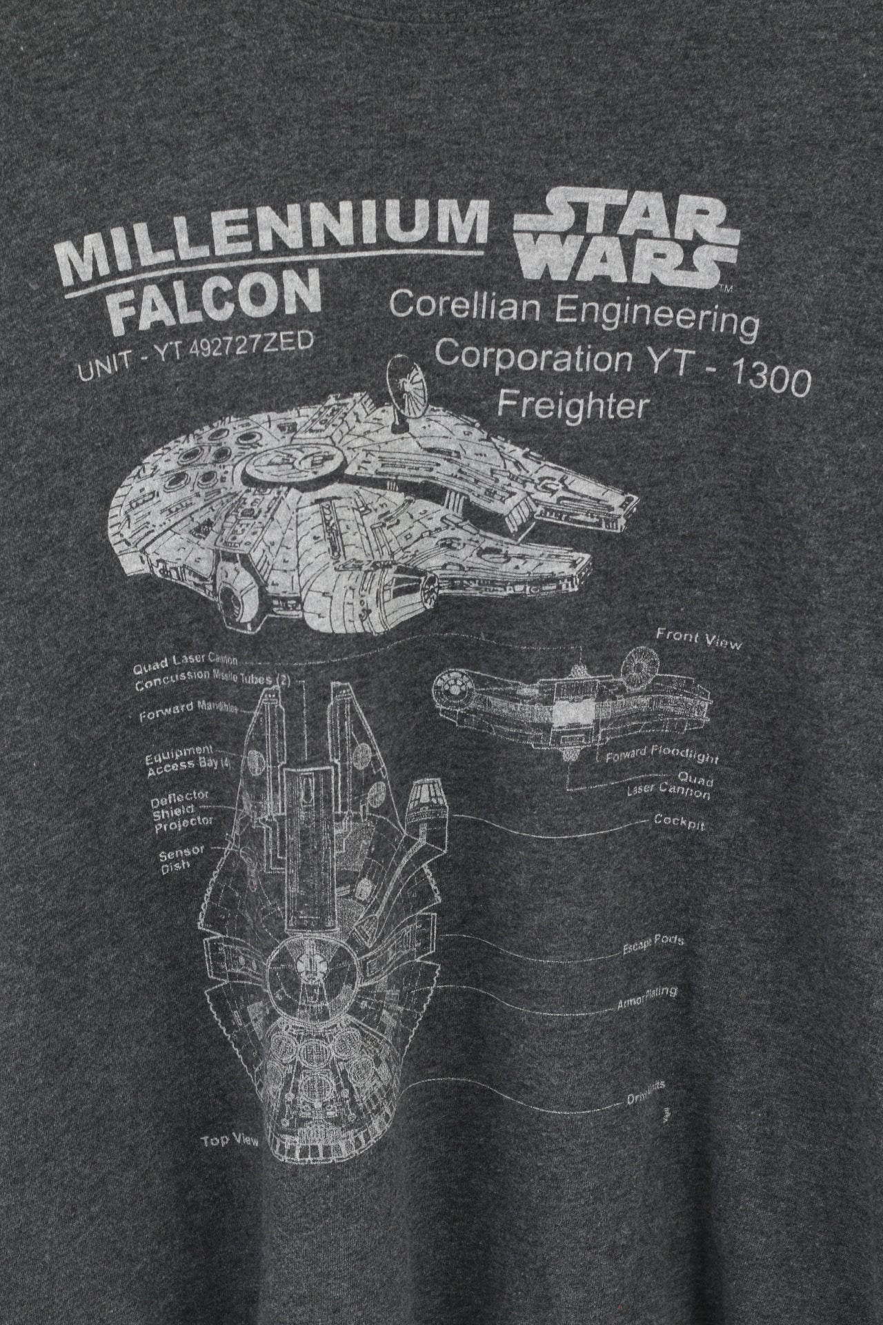 Star Wars Men L T-Shirt Grey Cotton Crew Neck Graphic Millennium Falcon Top