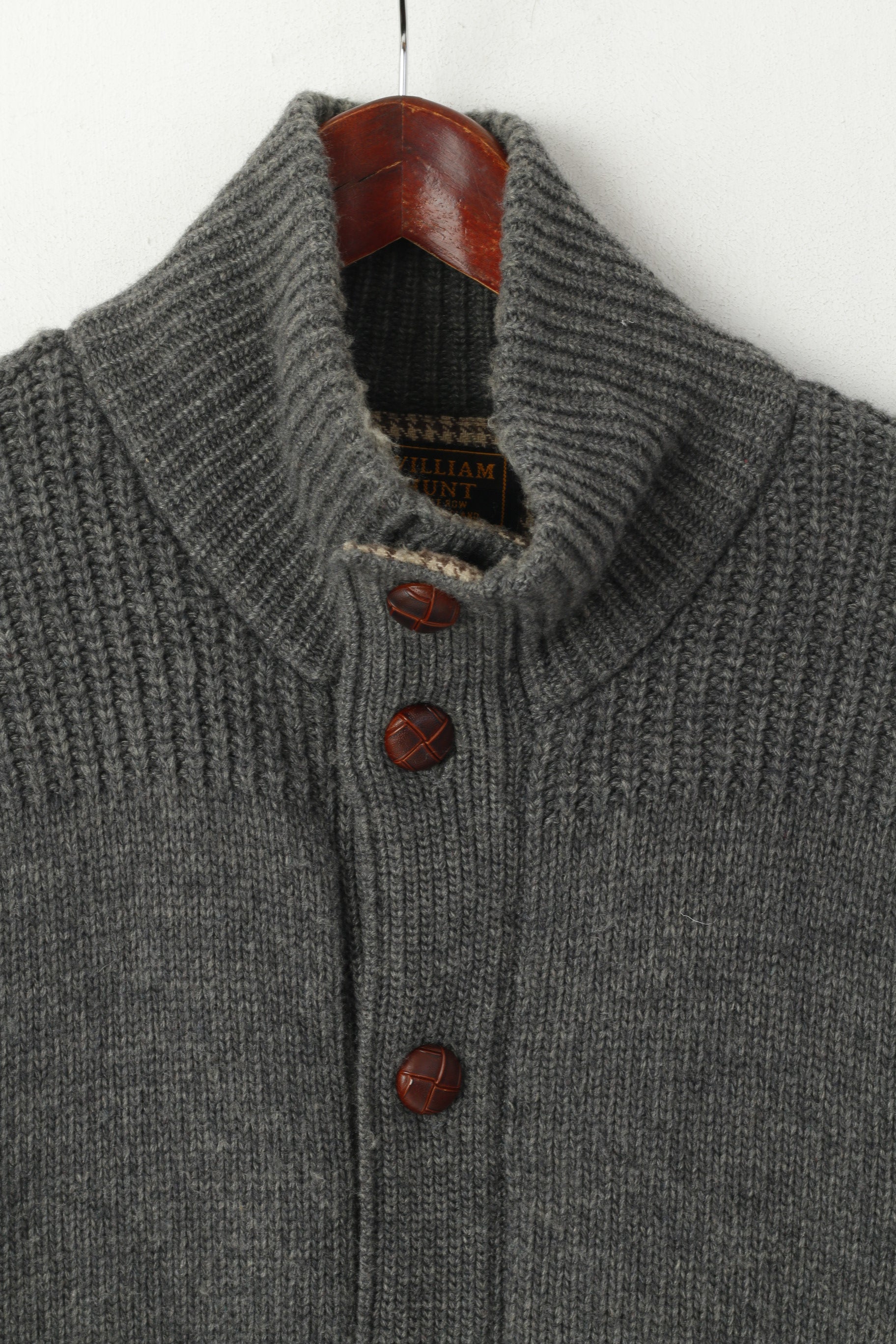 Harris Tweed par William Hunt Hommes L (M) Cardigan Gris Laine Coude Patch Pull En Tricot