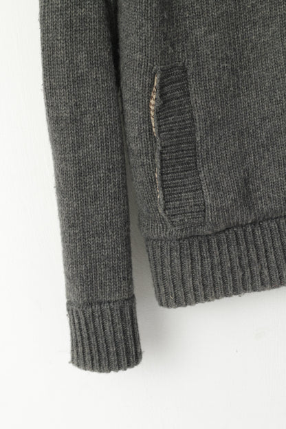Harris Tweed by William Hunt Men L (M) Cardigan Grey Wool Elbow Patch Knit Sweater