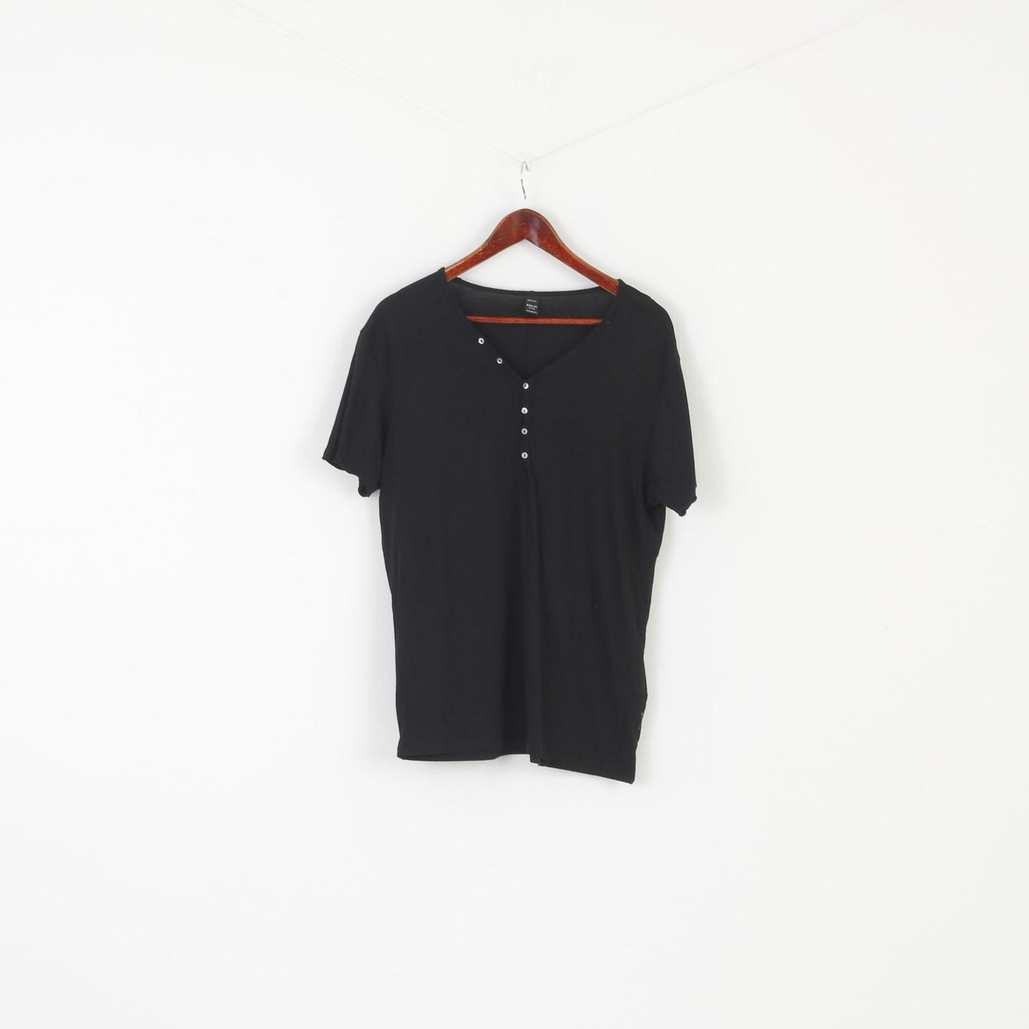 Replay Men L Shirt Black Cotton Stretch Button V Neck Logo Classic Top