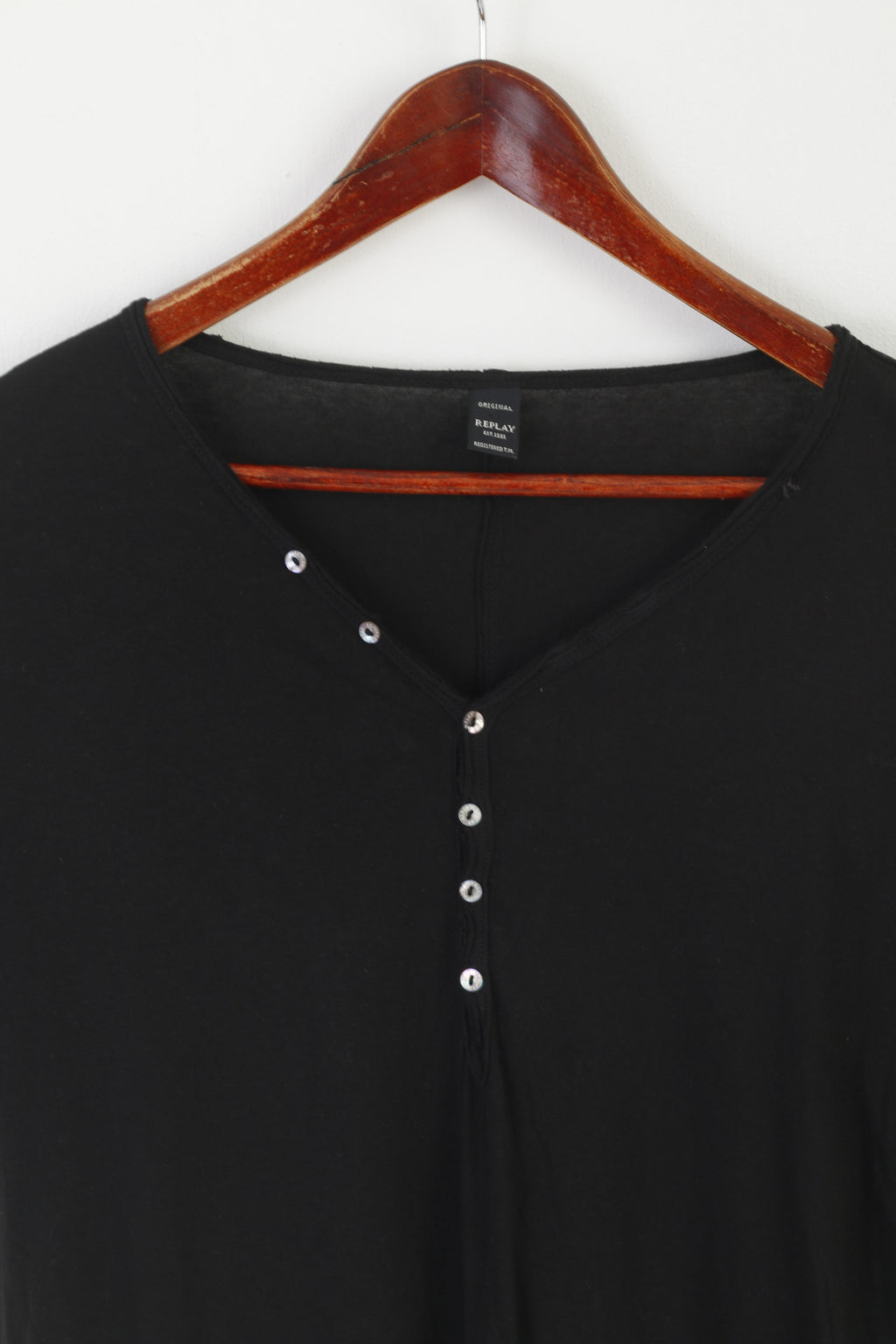 Replay Men L Shirt Black Cotton Stretch Button V Neck Logo Classic Top