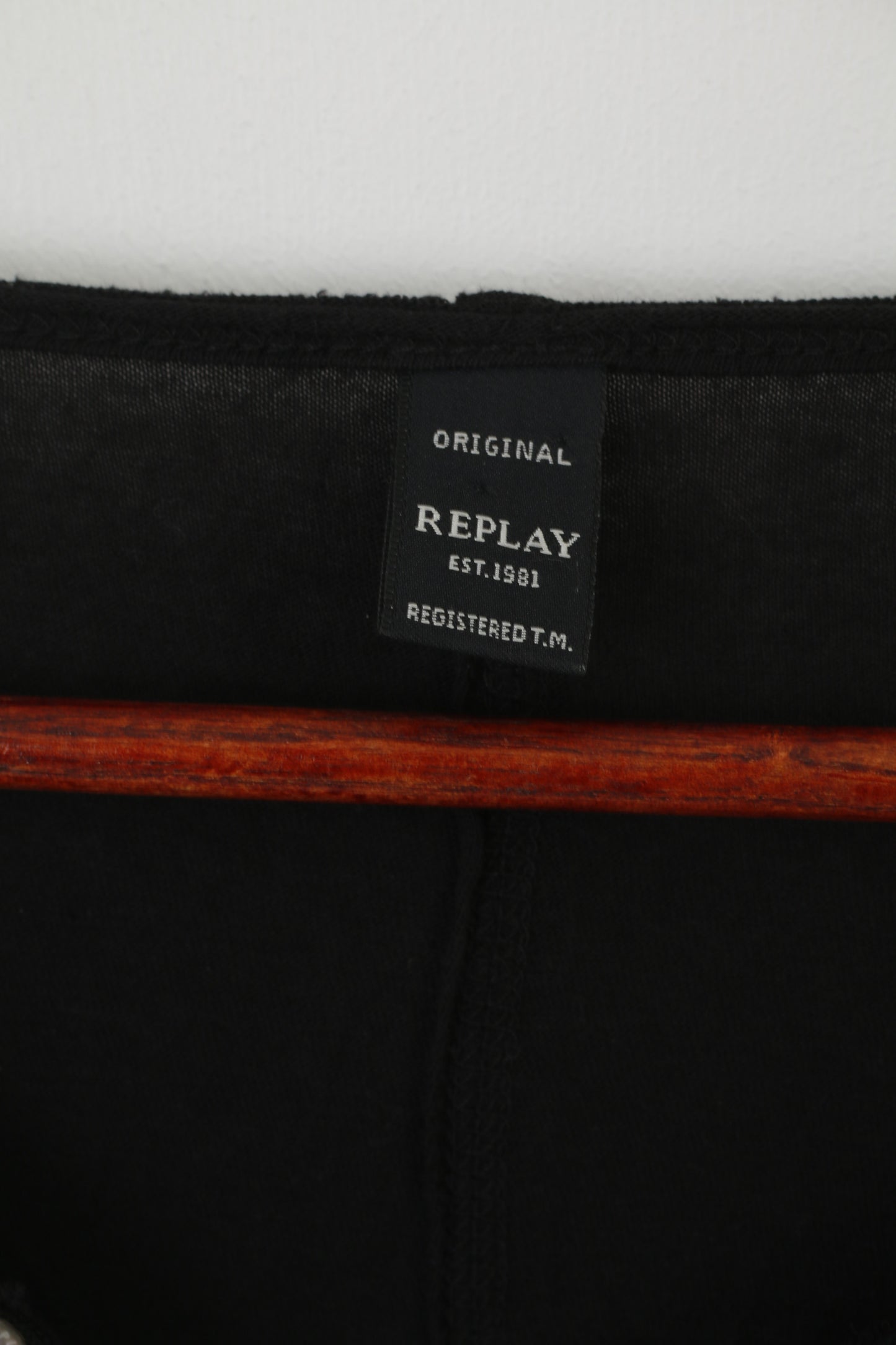 Replay Men L Shirt Noir Coton Stretch Bouton Col V Logo Haut Classique