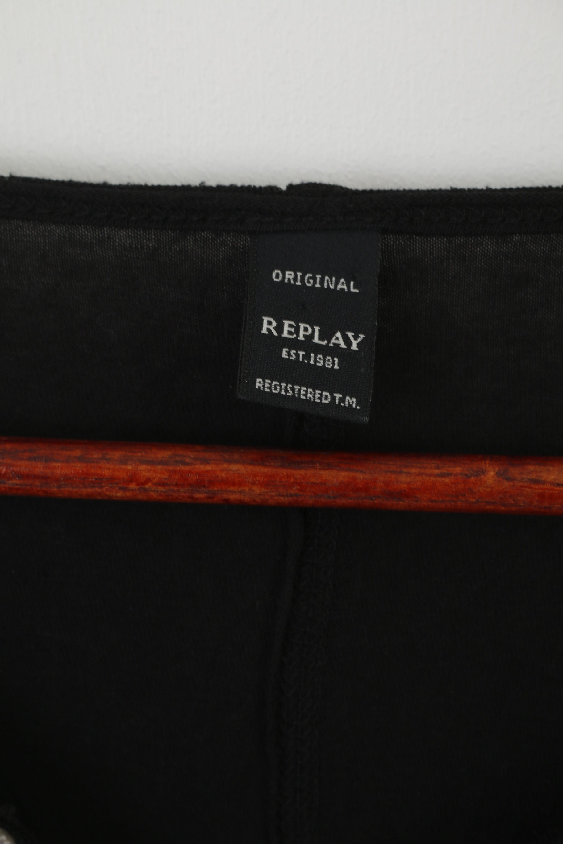 Replay Men L Shirt Black Cotton Stretch Button V Neck Logo Classic Top