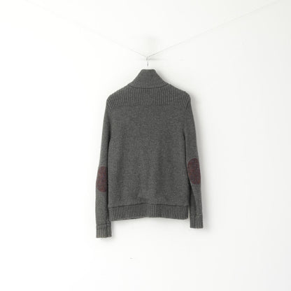 Harris Tweed by William Hunt Men L (M) Cardigan Grey Wool Elbow Patch Knit Sweater