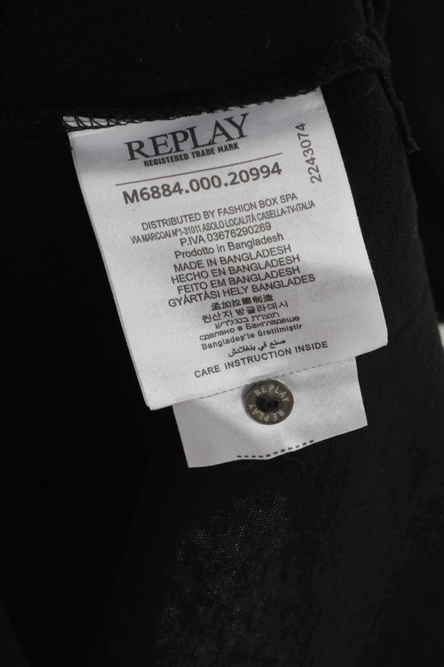 Replay Men L Shirt Noir Coton Stretch Bouton Col V Logo Haut Classique