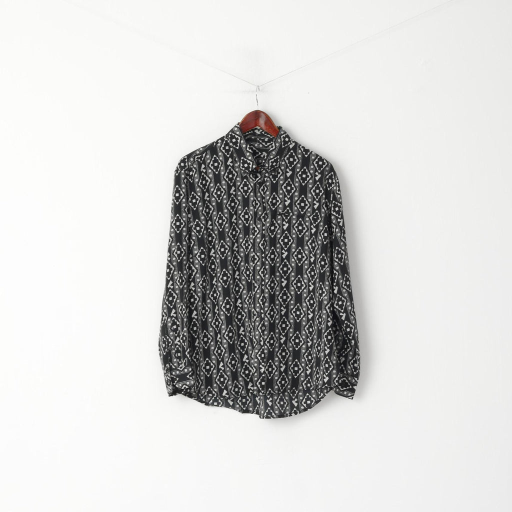 Vintage Men M Casual Shirt Black Shiny Printed Button Down Collar Long Sleeve