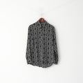 Vintage Men M Casual Shirt Black Shiny Printed Button Down Collar Long Sleeve