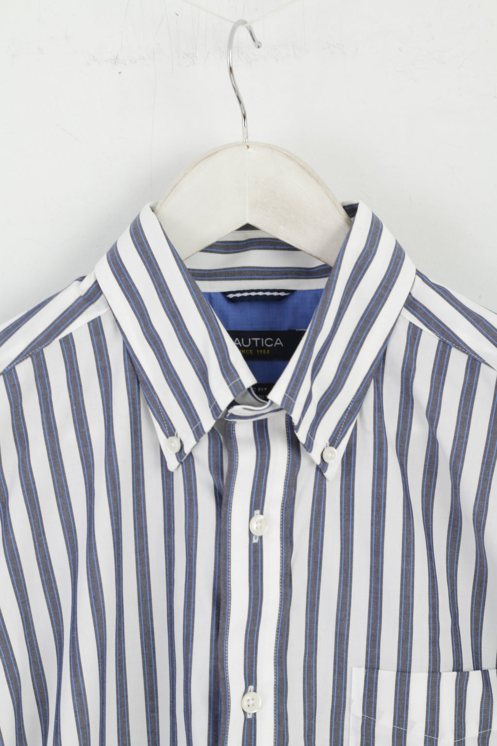 Nautica Men M Casual Shirt White Blue Striped Cotton Classic Fit Long Sleeve Top