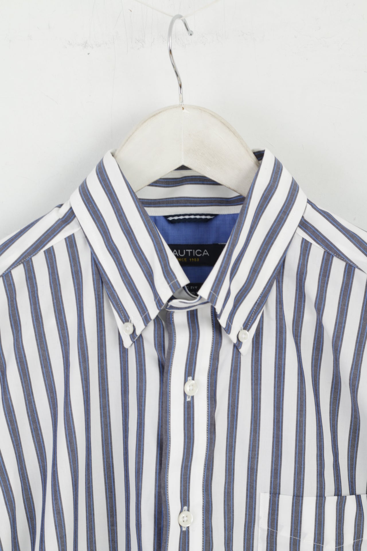 Nautica Men M Casual Shirt White Blue Striped Cotton Classic Fit Long Sleeve Top