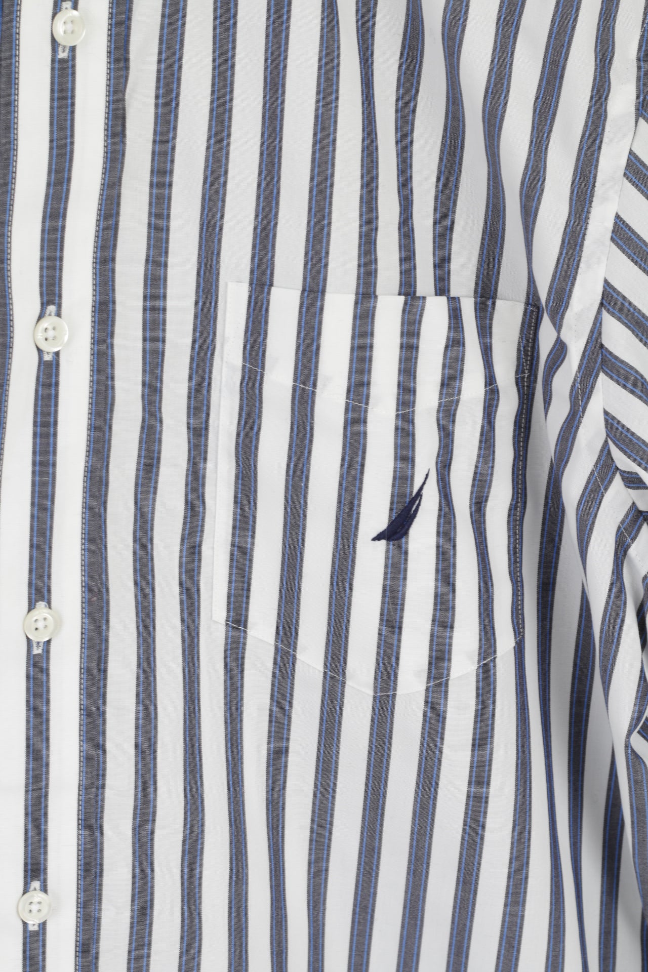 Nautica Men M Casual Shirt White Blue Striped Cotton Classic Fit Long Sleeve Top
