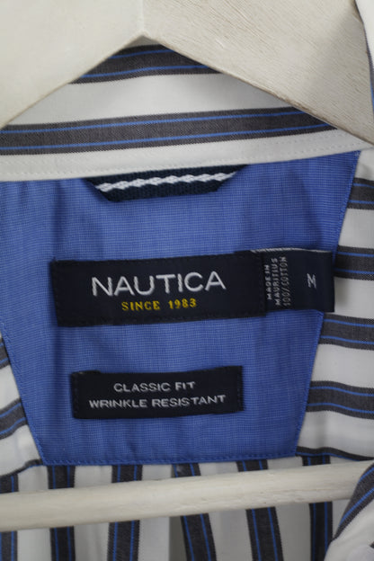 Nautica Hommes M Chemise décontractée Blanc Bleu Rayé Coton Coupe Classique Haut à Manches Longues