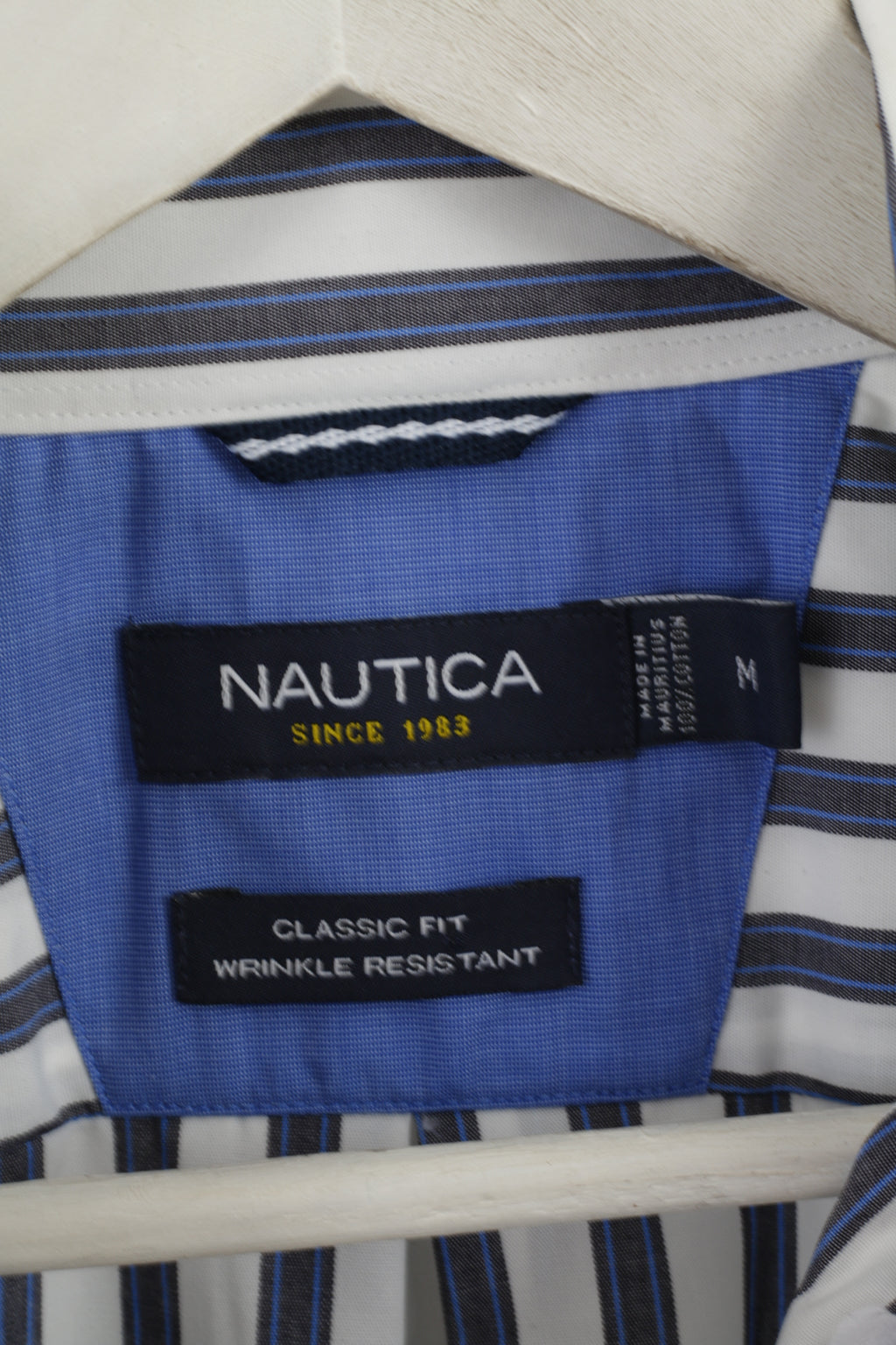 Nautica Men M Casual Shirt White Blue Striped Cotton Classic Fit Long Sleeve Top