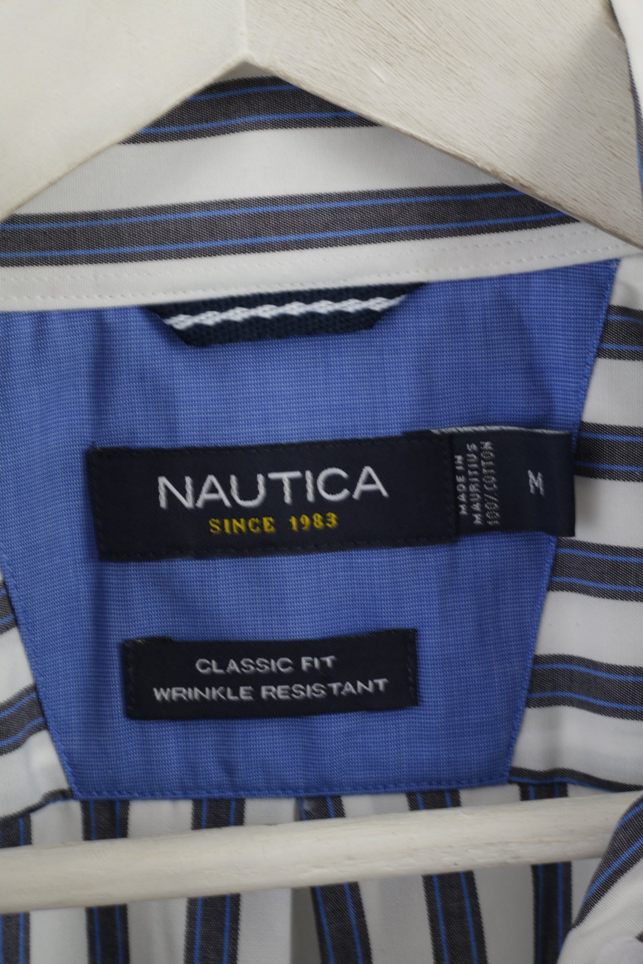 Nautica Men M Casual Shirt White Blue Striped Cotton Classic Fit Long Sleeve Top