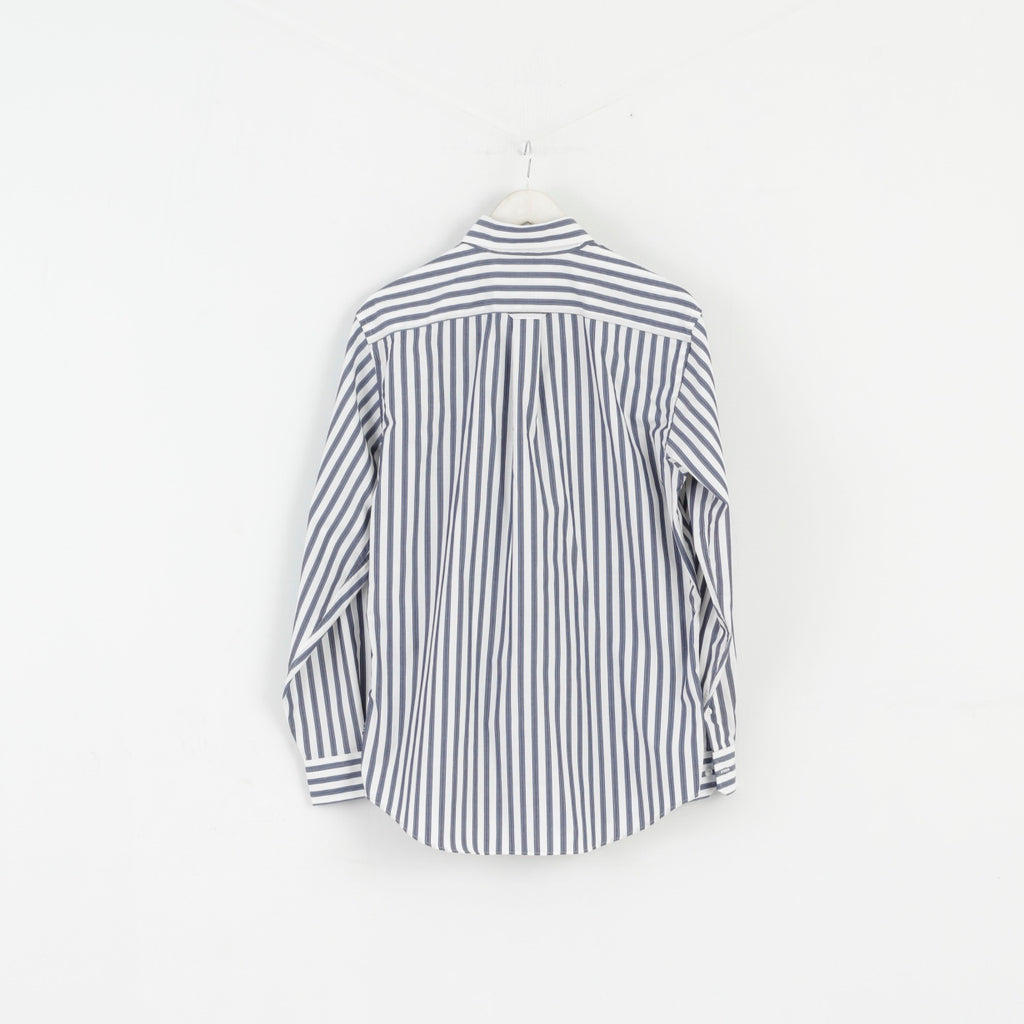Nautica Men M Casual Shirt White Blue Striped Cotton Classic Fit Long Sleeve Top