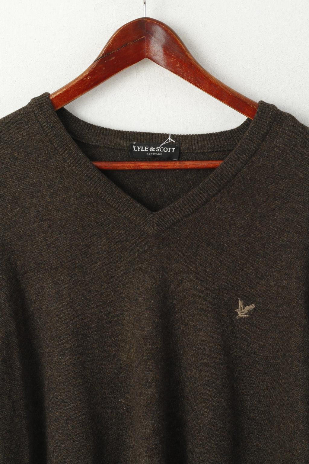 Lyle & Scott Heritage Men L Jumper Brown New Wool V Neck Classic Sweater