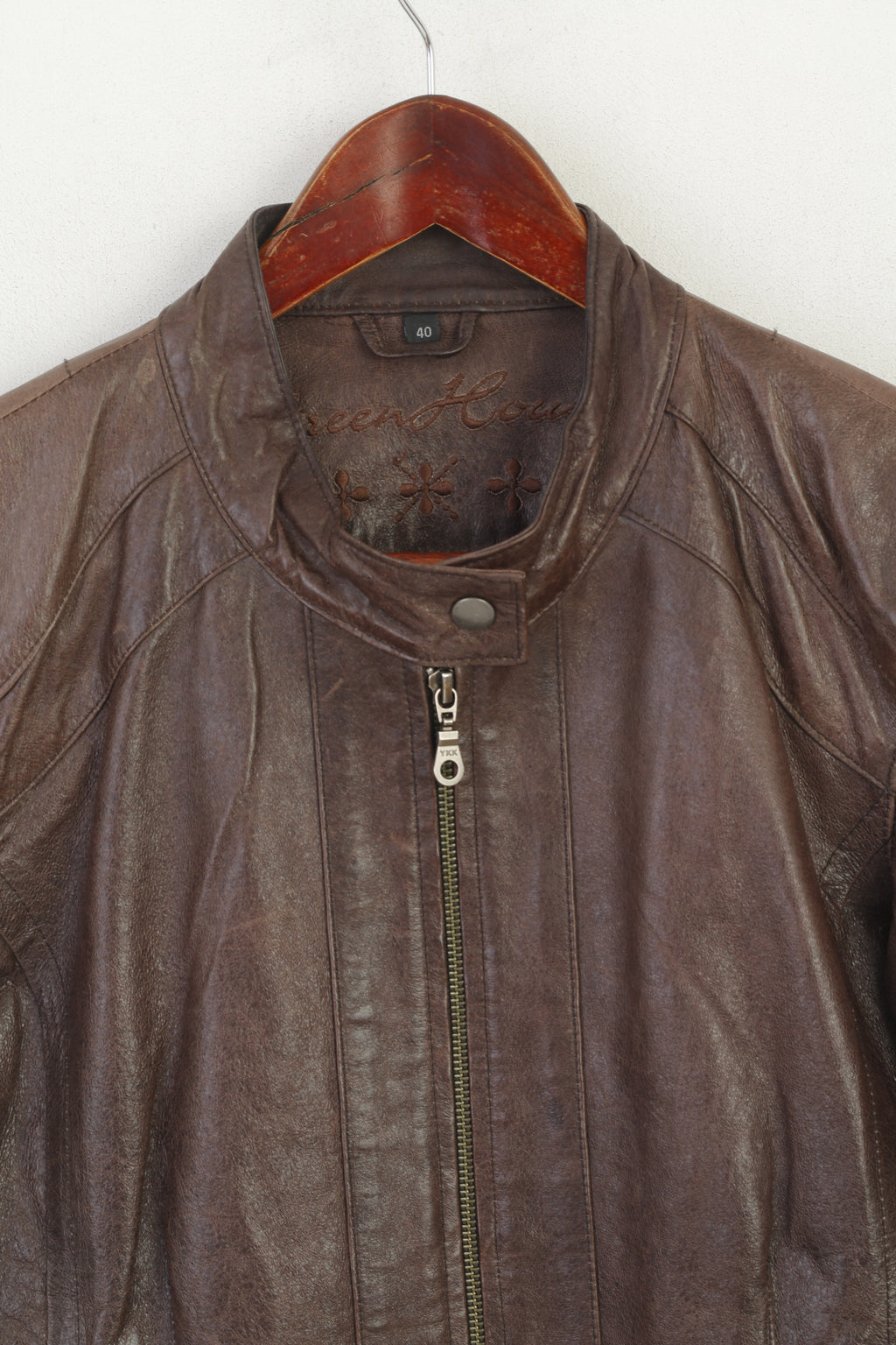 Green House Women 40 M Biker Jacket Brown Leather Vintage Zip Up Ramones