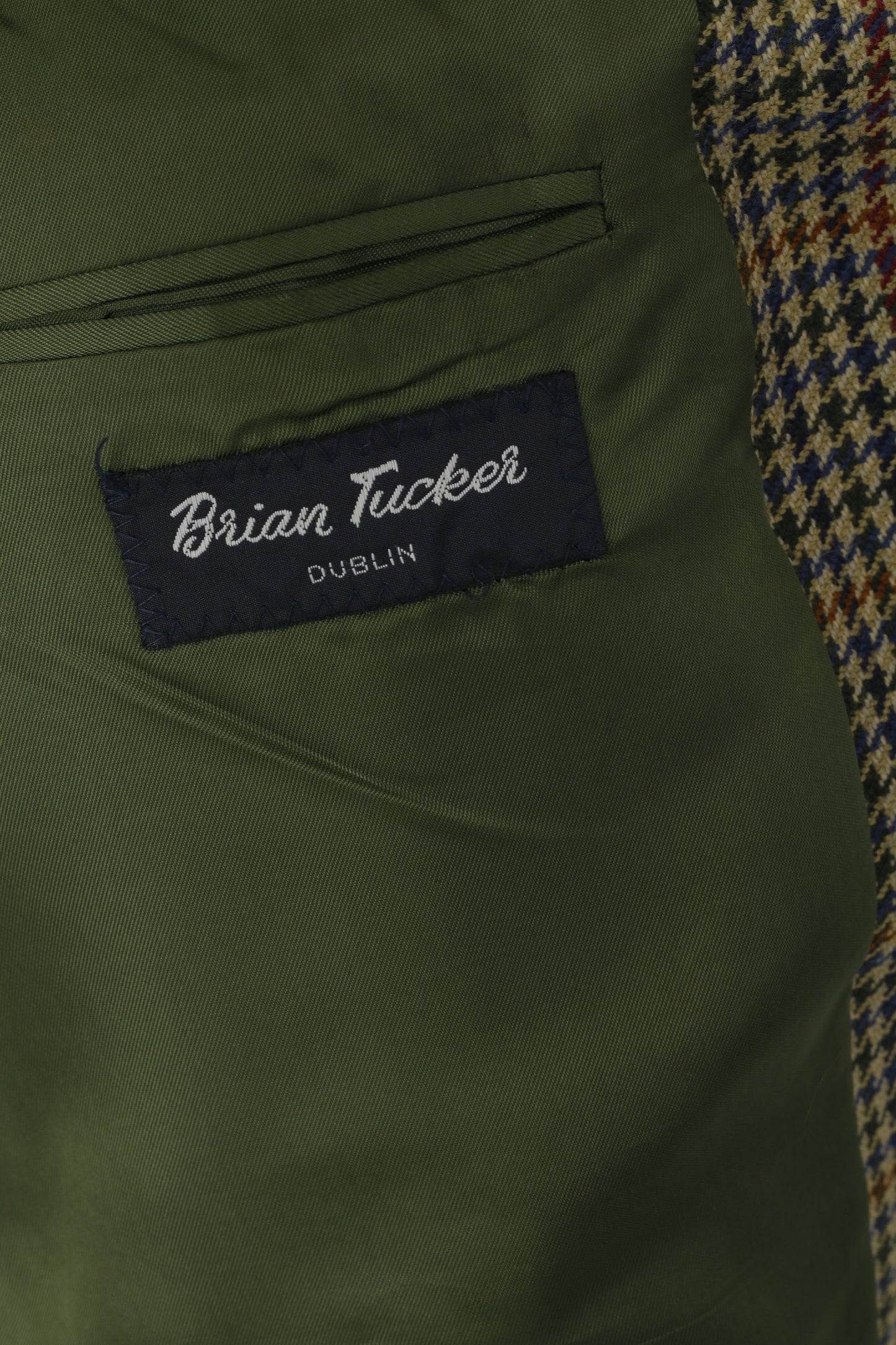 Brian Tucker Men 44 Blazer Green Vintage Wool Houndstooth Patches Single Breasted Jacket