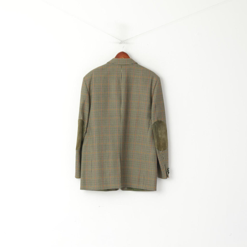 Brian Tucker Men 44 Blazer Green Vintage Wool Houndstooth Patches Single Breasted Jacket