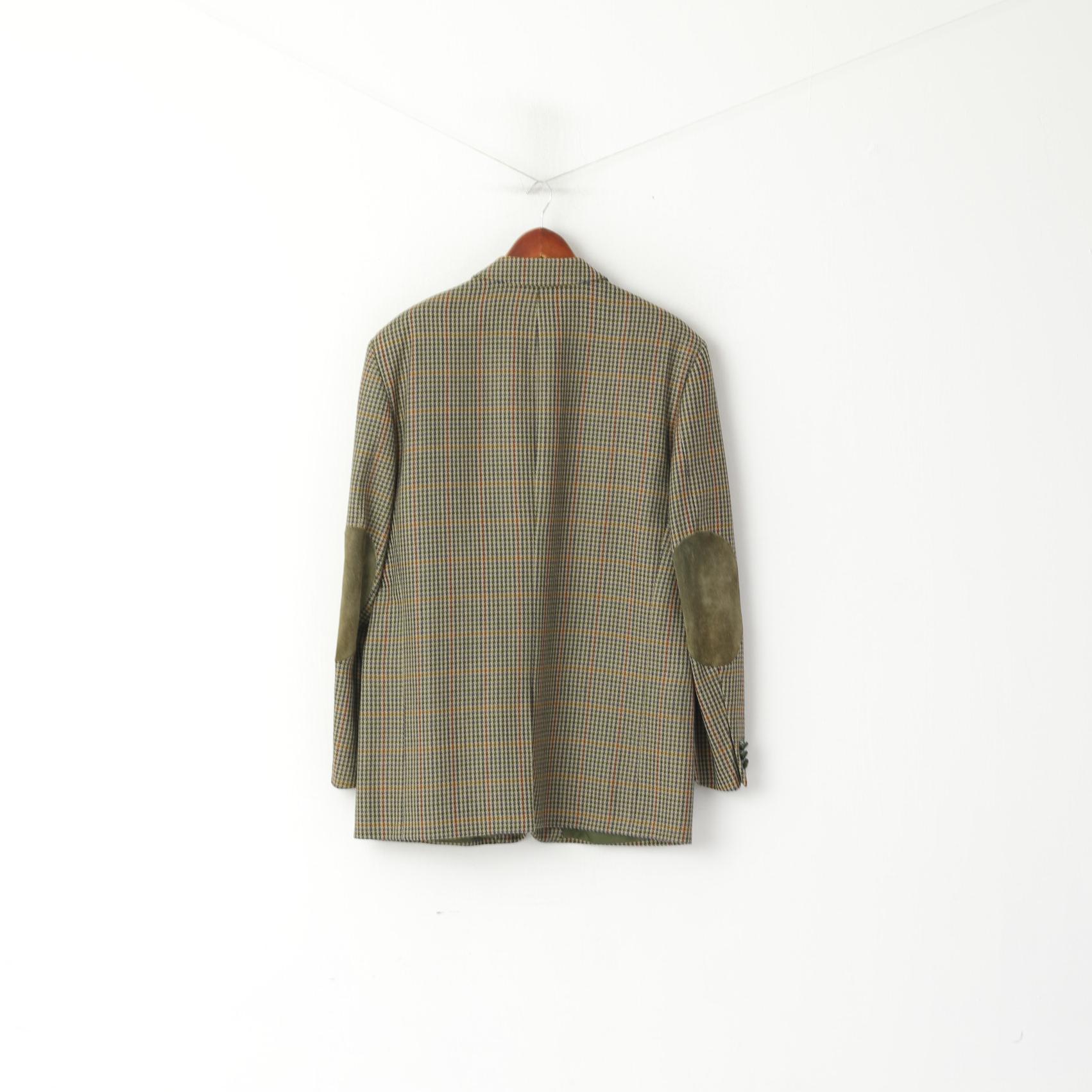 Brian Tucker Men 44 Blazer Green Vintage Wool Houndstooth Patches Single Breasted Jacket