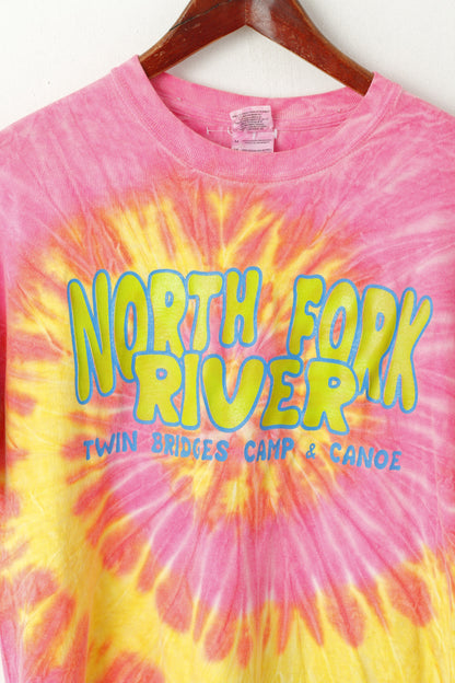 Gildan Men M T-Shirt Pink Cotton Hippie North Fork River Camp Crew Neck Top