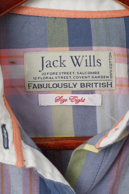 Jack Wills Women 8 S Casual Shirt Blue Chekered Cotton Long Sleeve Top