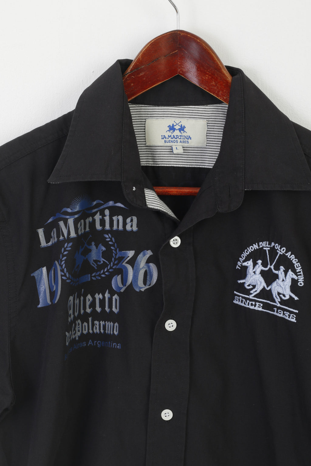La Martina Uomo L (M) Camicia casual in cotone nero manica corta Top Buenos Aires
