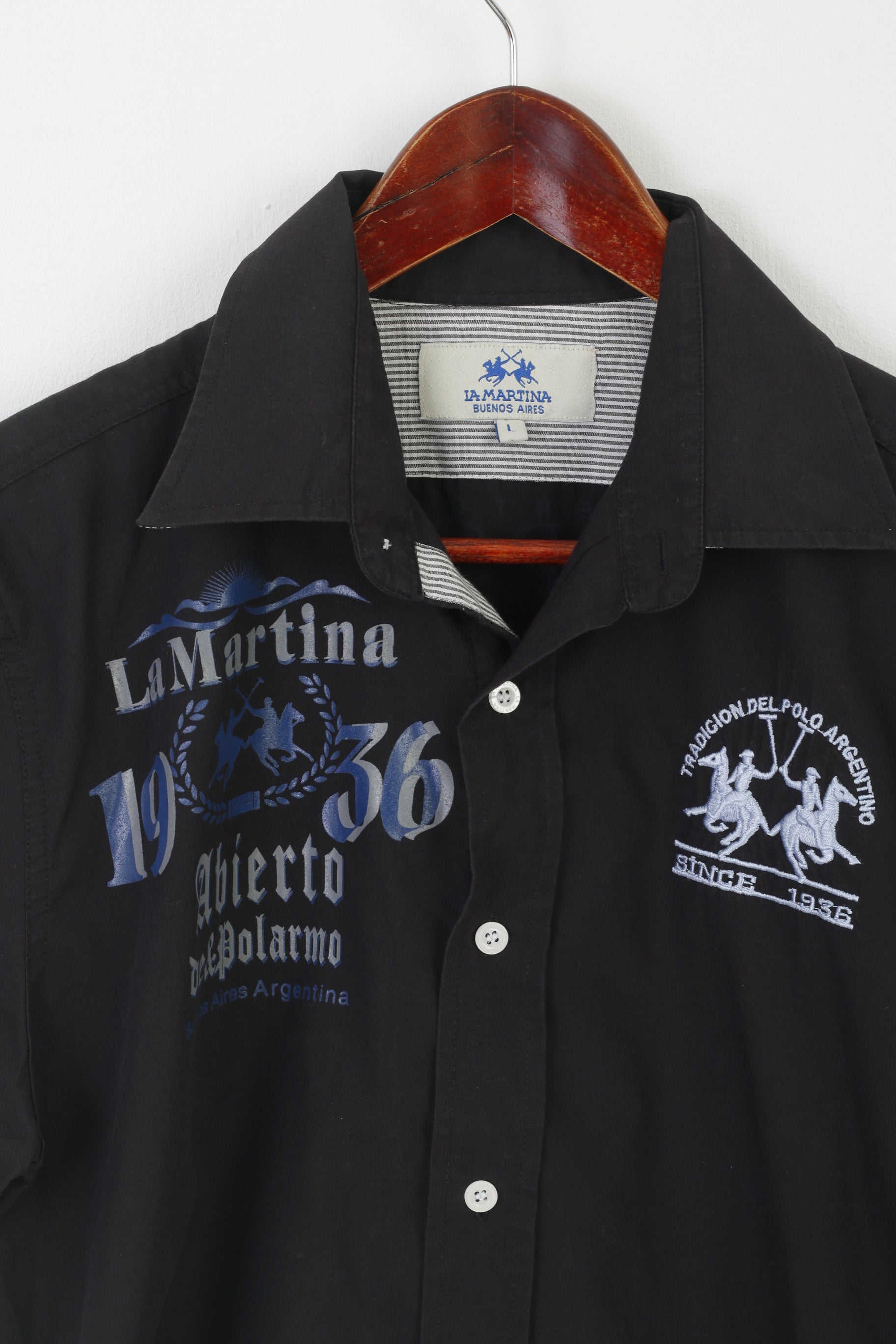 La Martina Uomo L (M) Camicia casual in cotone nero manica corta Top Buenos Aires