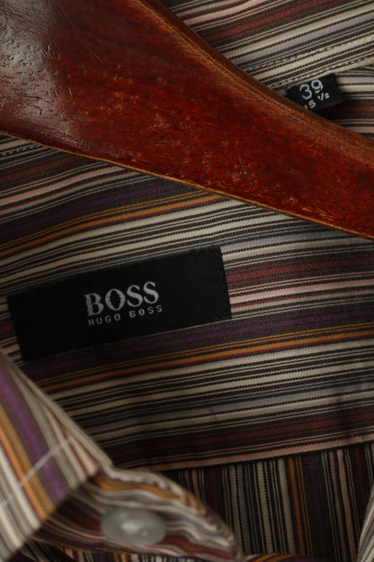 Hugo Boss Men 39 15.5 M Casual Shirt Brown Striped Cotton Long Sleeve Top