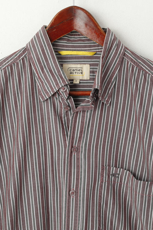 Camel Active Men M Chemise décontractée Marron Gris Rayé Coton Haut à manches longues