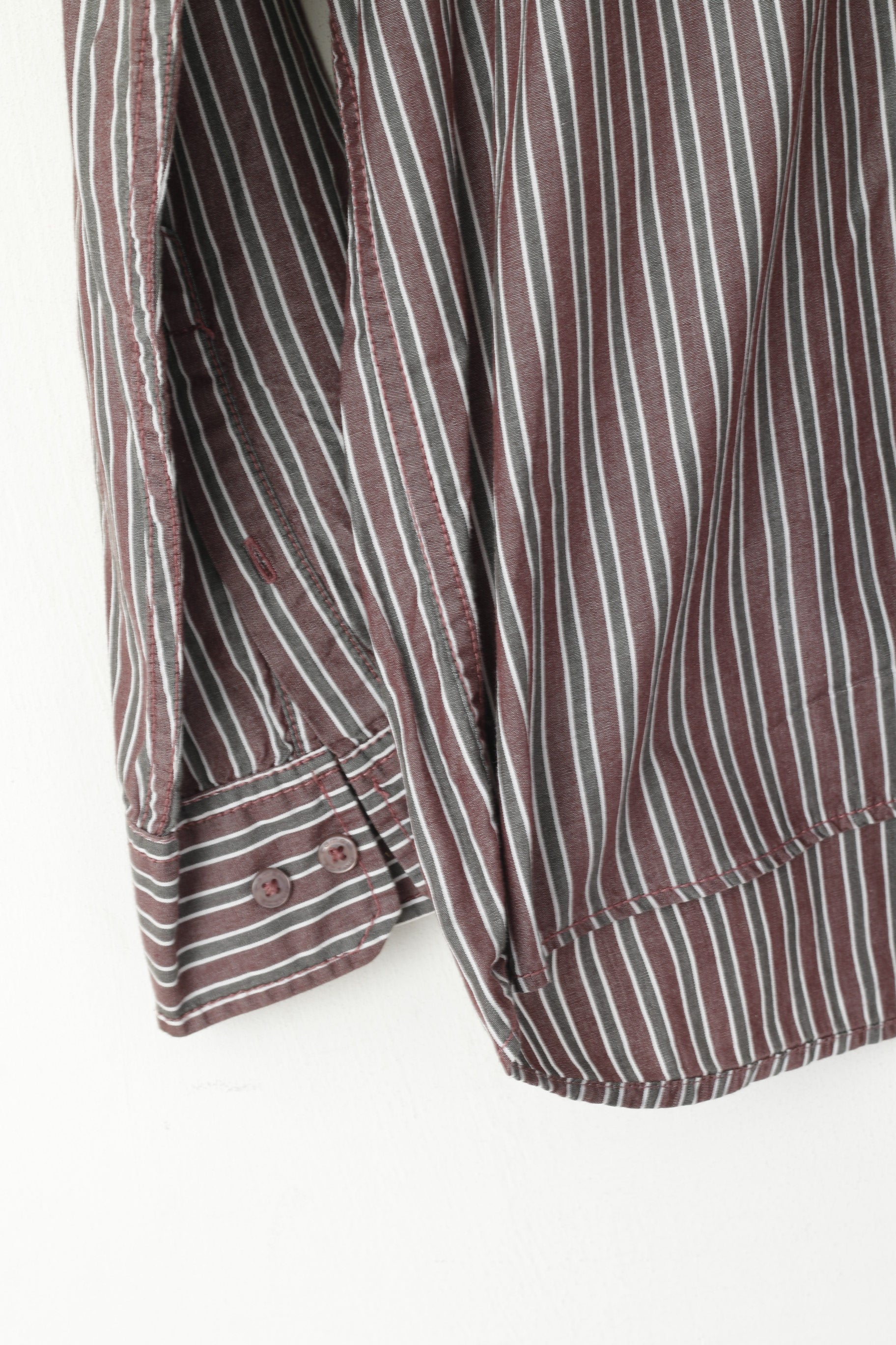 Camel Active Men M Casual Shirt Brown Grey Striped Cotton Long Sleeve Top