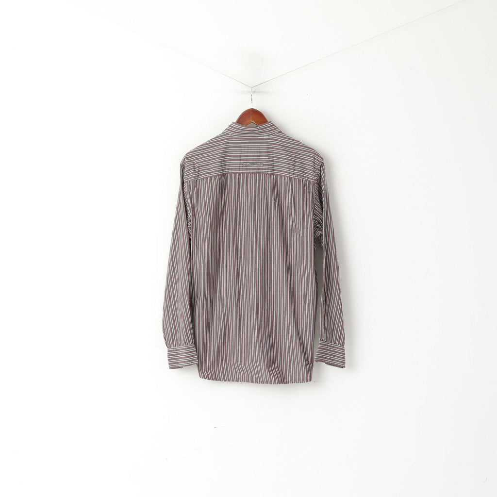Camel Active Men M Casual Shirt Brown Grey Striped Cotton Long Sleeve Top