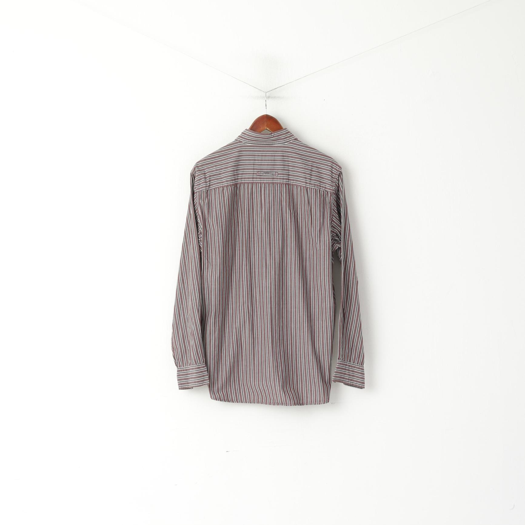 Camel Active Men M Casual Shirt Brown Grey Striped Cotton Long Sleeve Top
