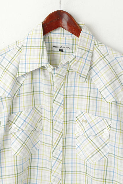 Moods Of Norway Men M Casual Shirt White Cotton Check Short Sleeve Pocket Top