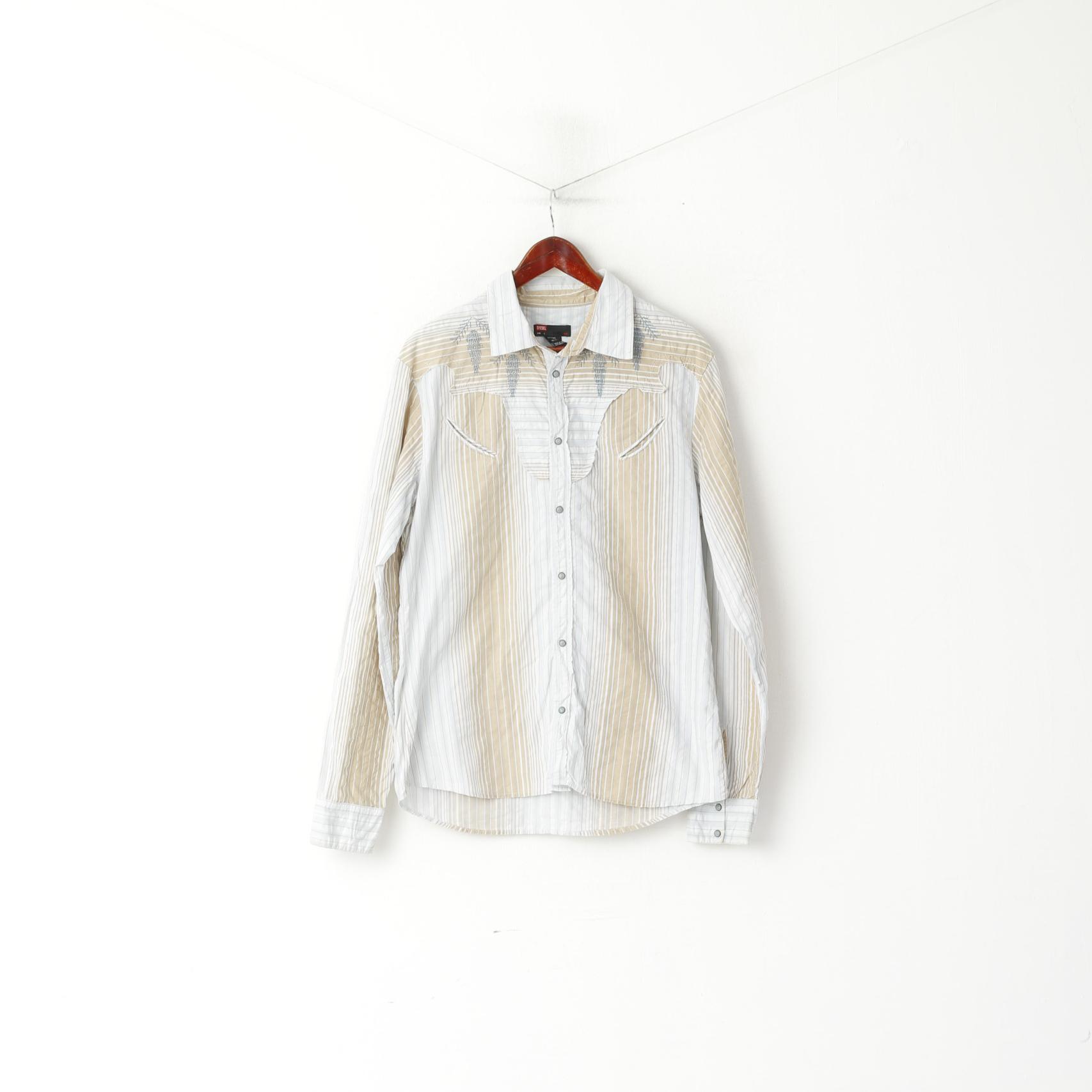 Diesel Men L Casual Shirt Blue Beige Striped Cotton Emroidered Snap Western Top