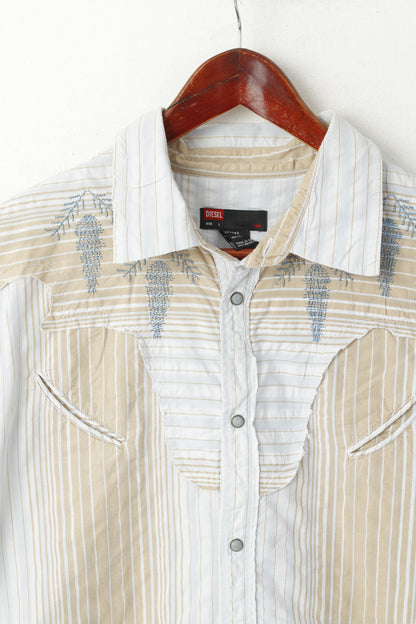 Camicia casual da uomo Diesel L. Top western con bottoni automatici ricamati in cotone a righe blu beige