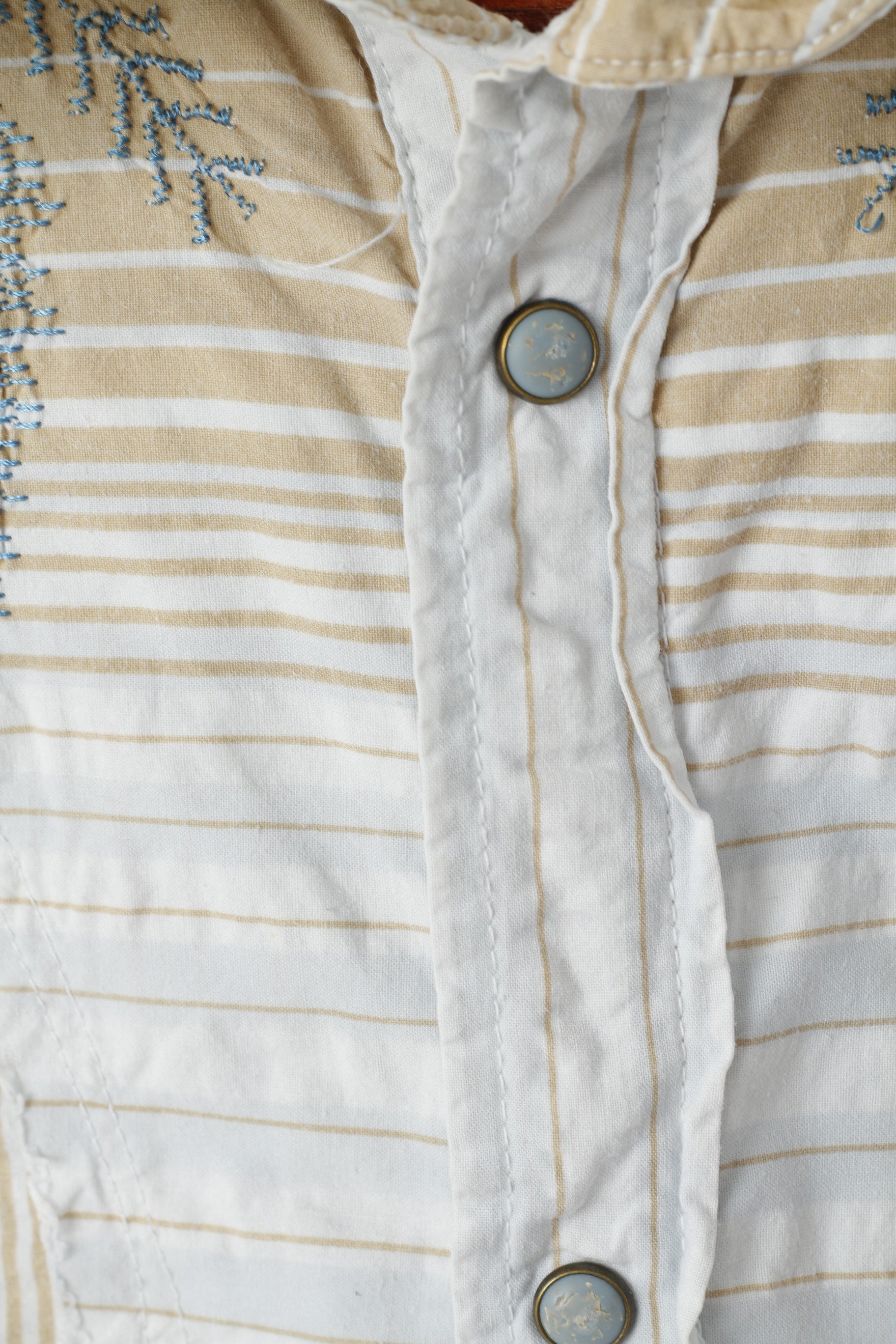 Diesel Men L Casual Shirt Blue Beige Striped Cotton Emroidered Snap Western Top