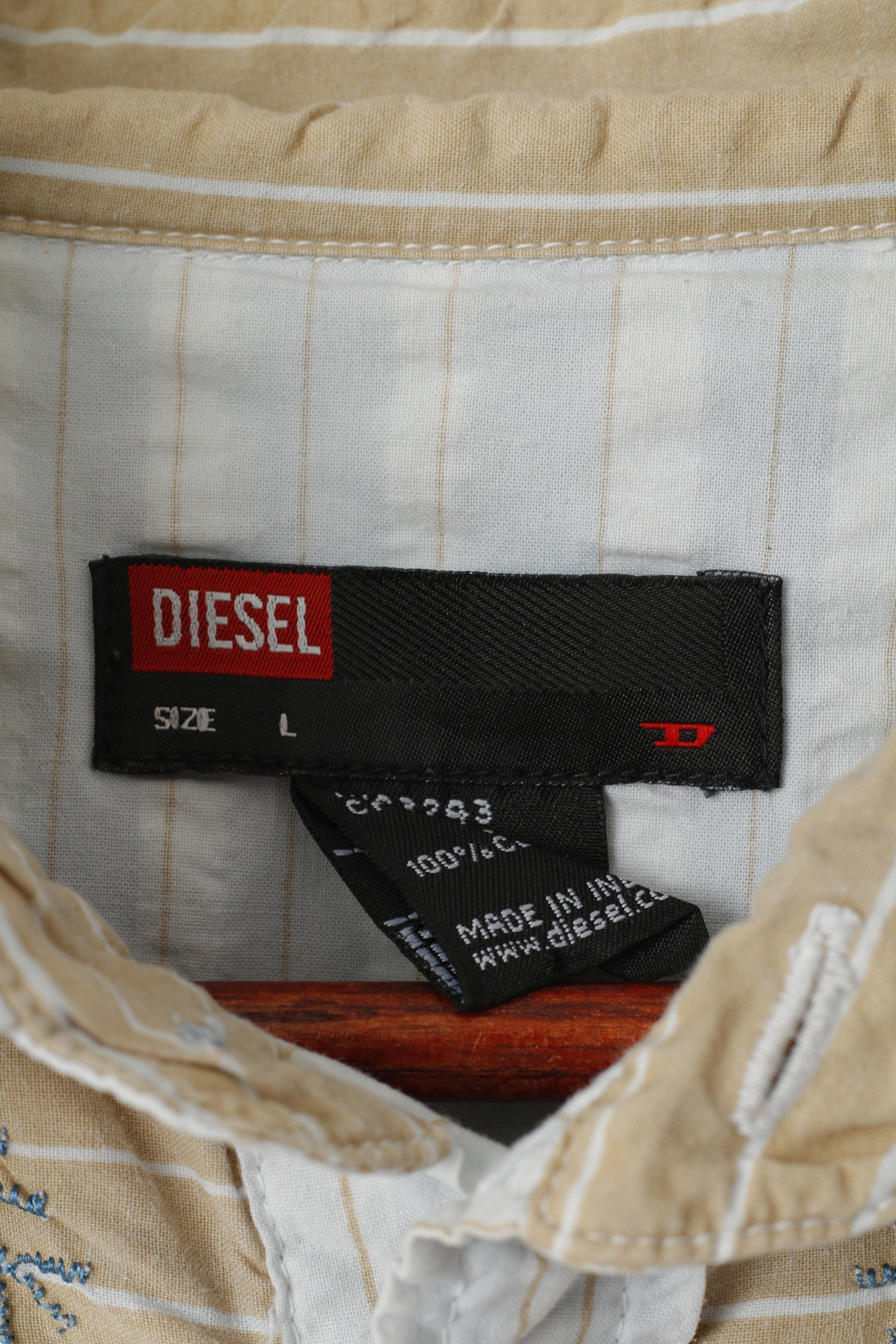 Diesel Men L Casual Shirt Blue Beige Striped Cotton Emroidered Snap Western Top